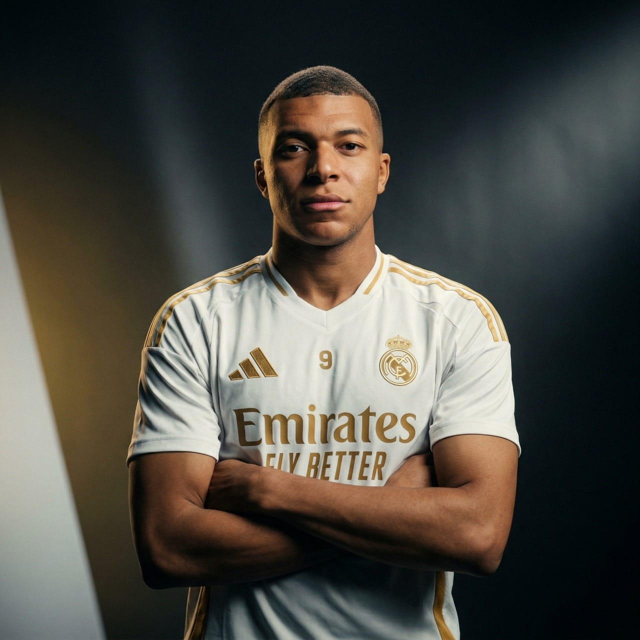 Kylian Mbappé portrait maillot Real Madrid blanc numéro 9 star française